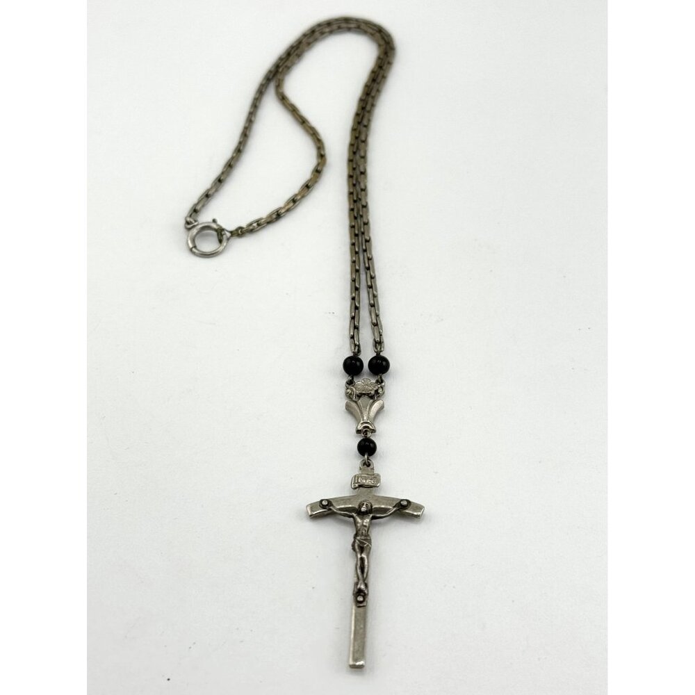 Vintage black glass silver crucifix cross necklace